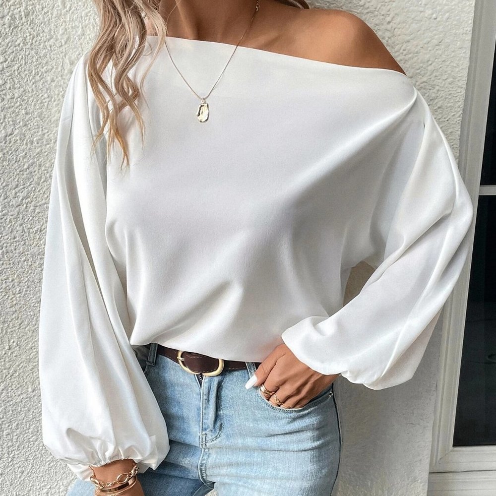 White Preppy Womens Asymmetrical Neck Lantern Sleeve Blouse - Picture 4 of 5